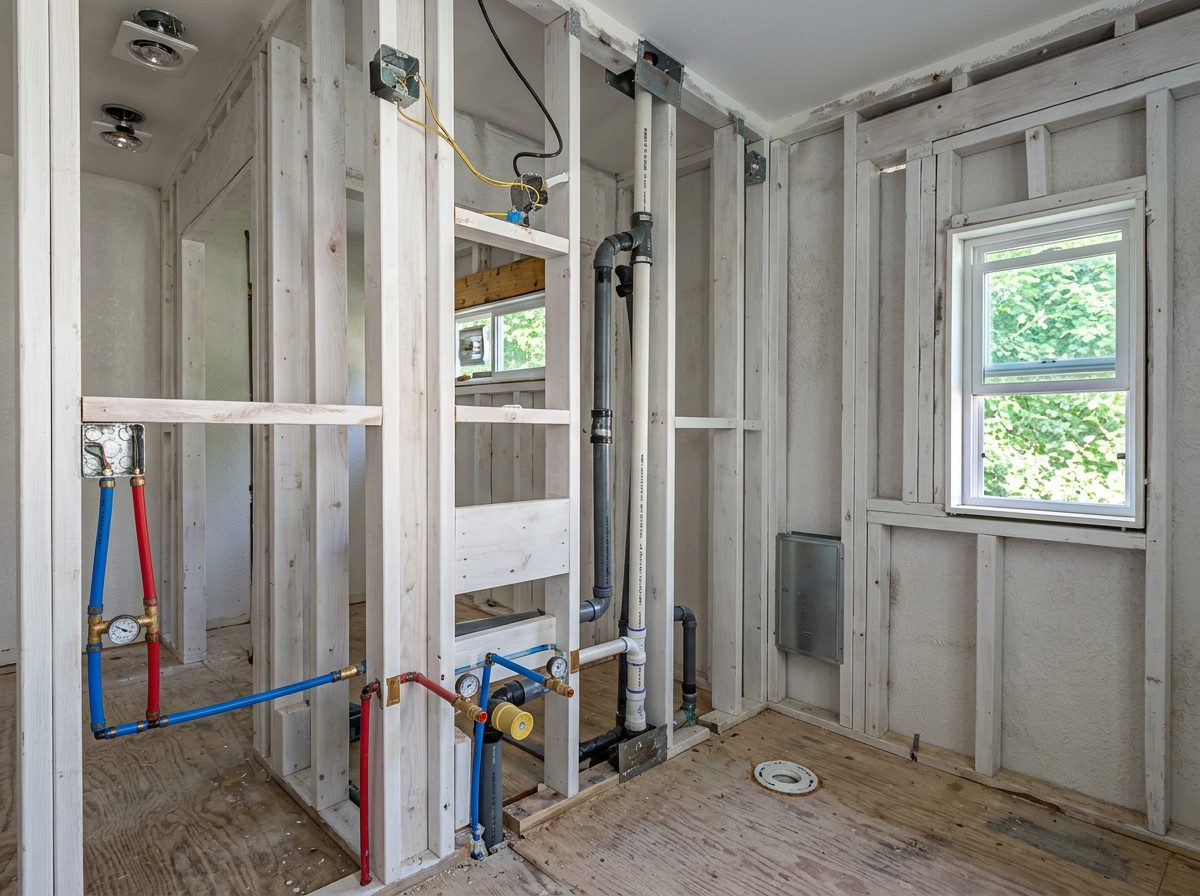 Drain, vent and water piping installed inside open walls during a bathroom remodel