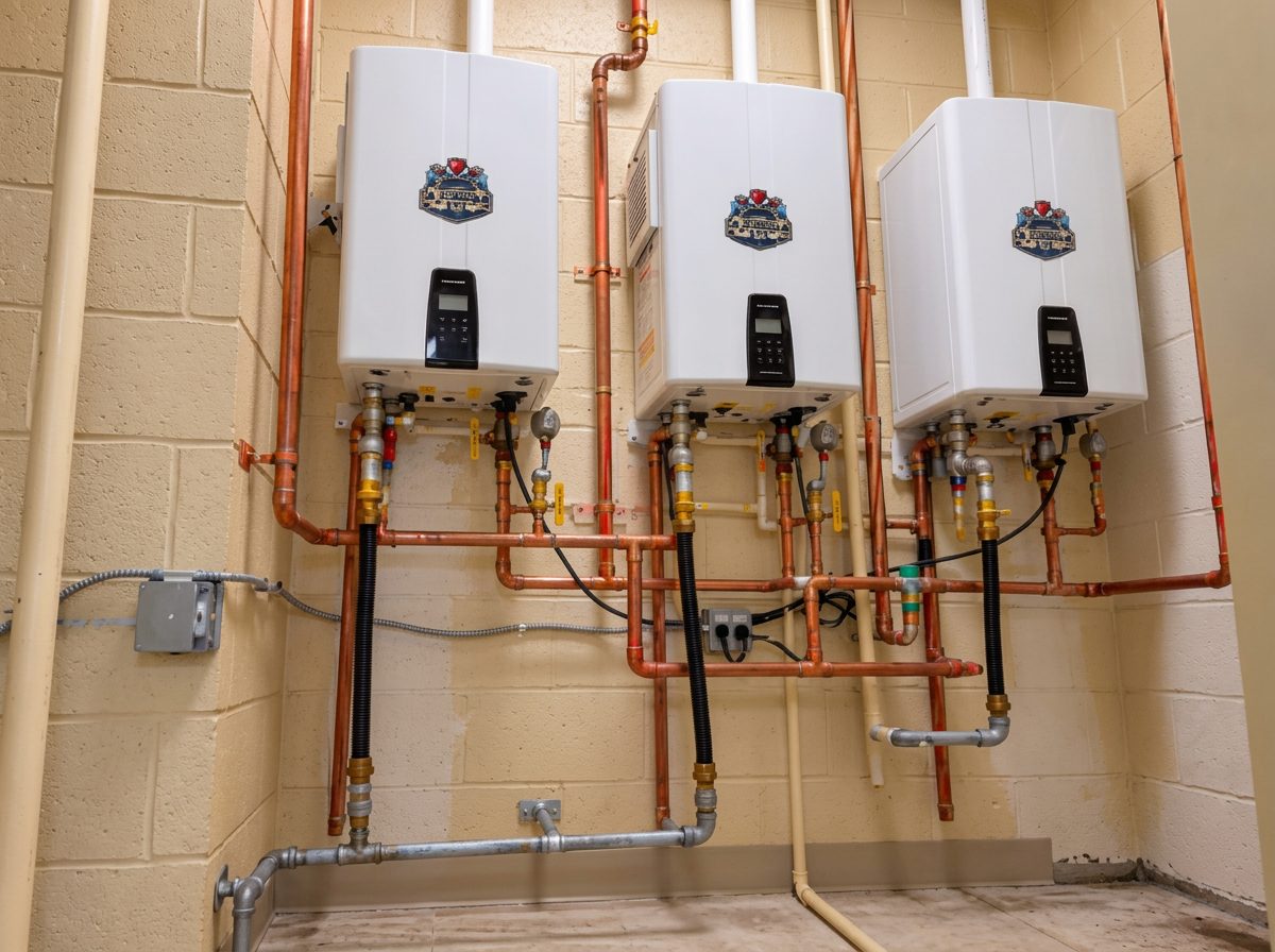 Three wall-mounted tankless water heaters connected by copper piping