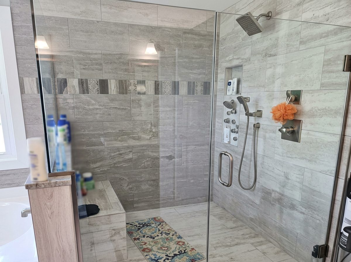 Finished tiled shower with glass enclosure and installed plumbing fixtures