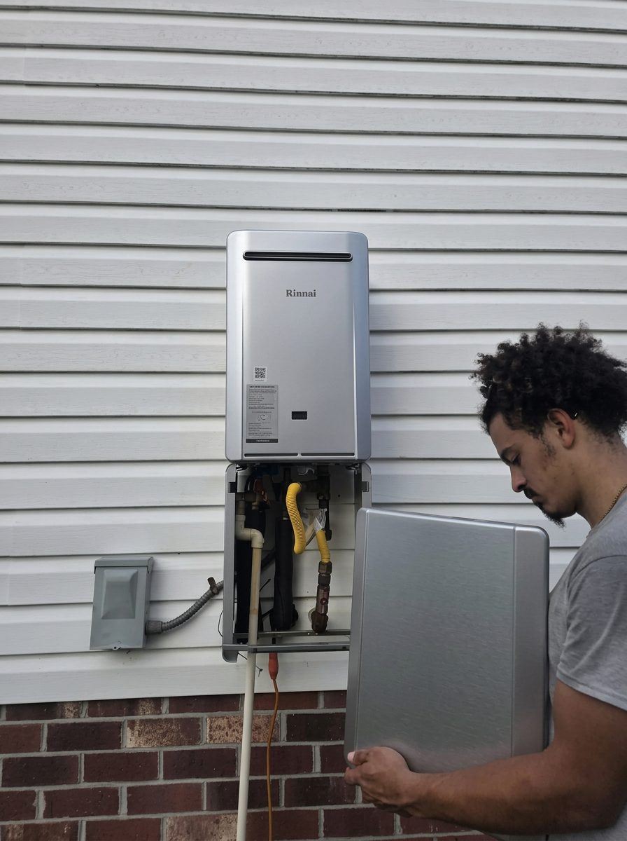 Exterior Rinnai tankless water heater installation in progress