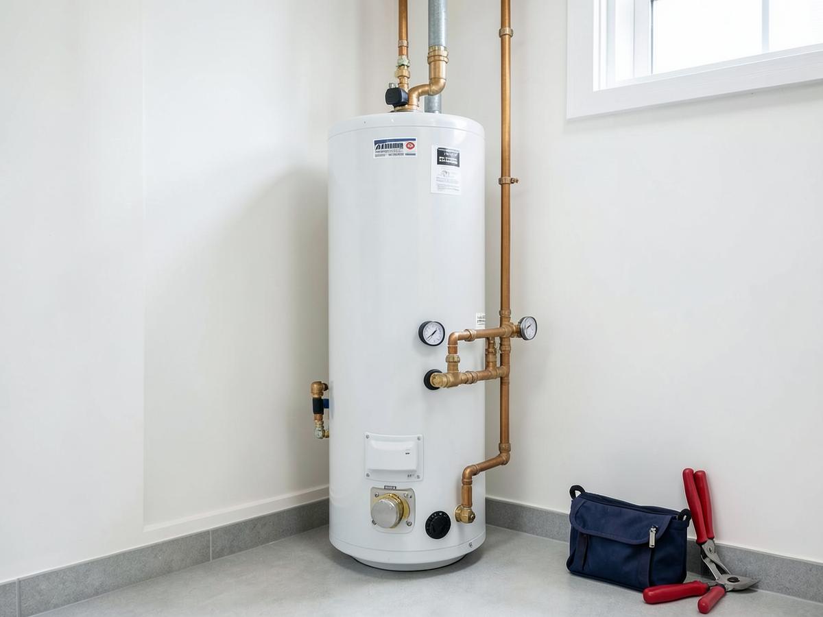 Installed water heater system with plumbing tools