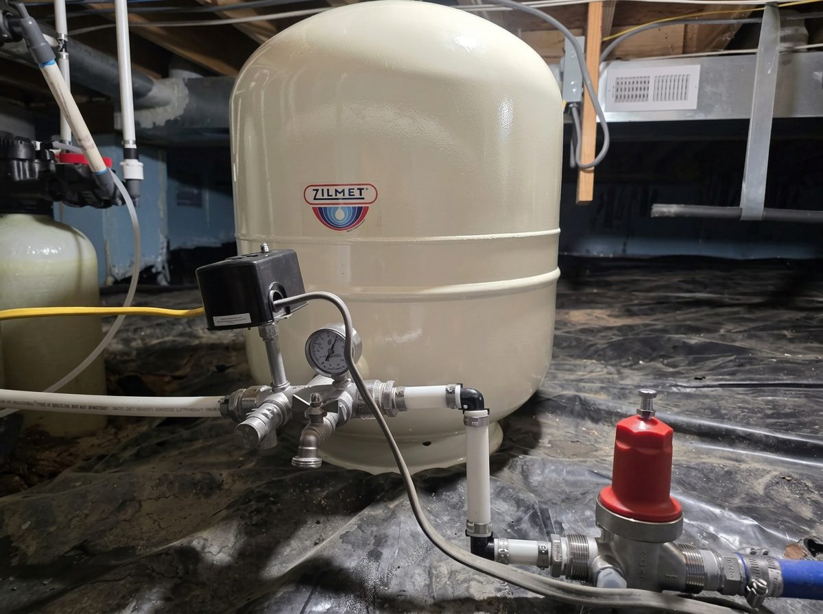Well water pressure tank, gauge and pressure control assembly